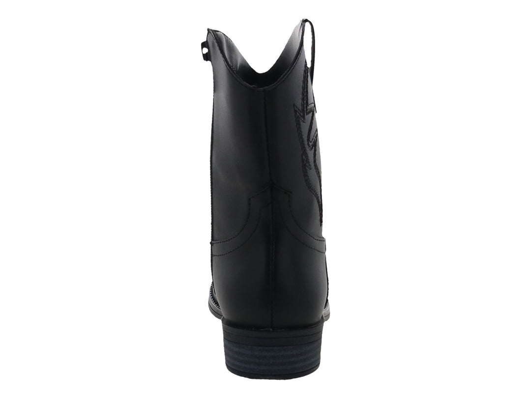 Bota vaquera de cuero color negro con costuras decorativas y punta redondeada.