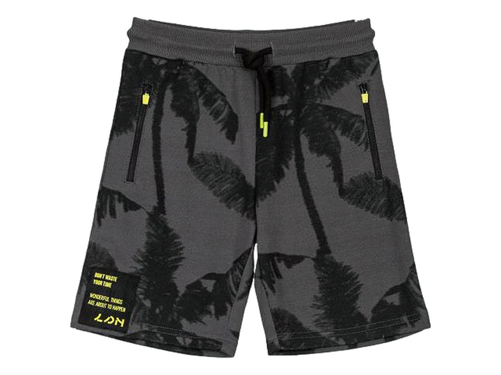 Shorts infantiles color gris carbón con estampado de palmeras y detalles en amarillo neón.