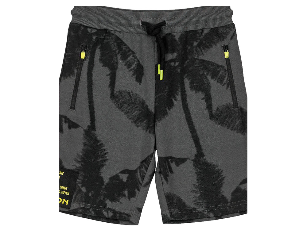 Shorts infantiles color gris carbón con estampado de palmeras y detalles en amarillo neón.