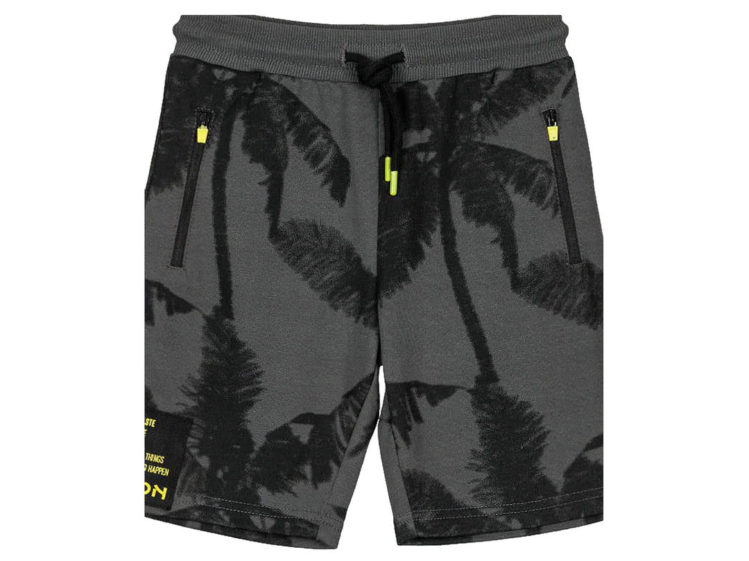 Shorts infantiles color gris carbón con estampado de palmeras y detalles en amarillo neón.