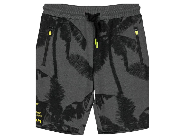 Shorts infantiles color gris carbón con estampado de palmeras y detalles en amarillo neón.