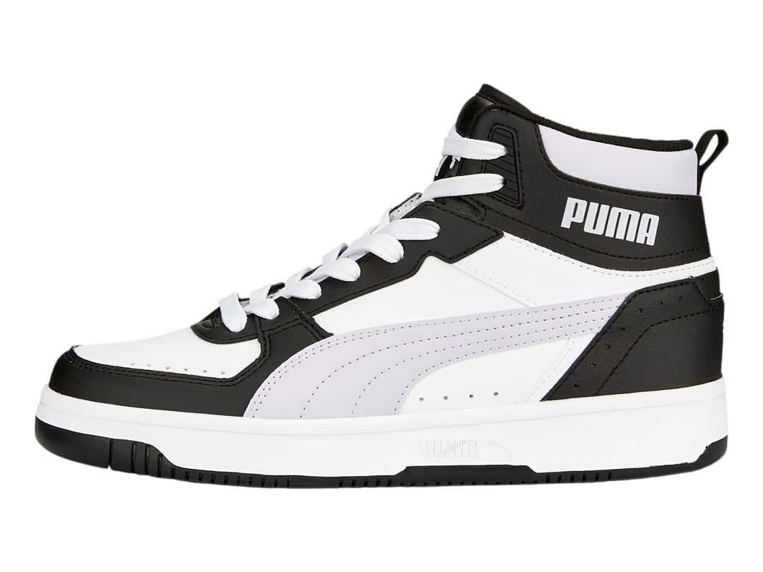 Tenis PUMA Rebound Joy de bota alta en colores blanco, negro y lavanda con suela blanca.