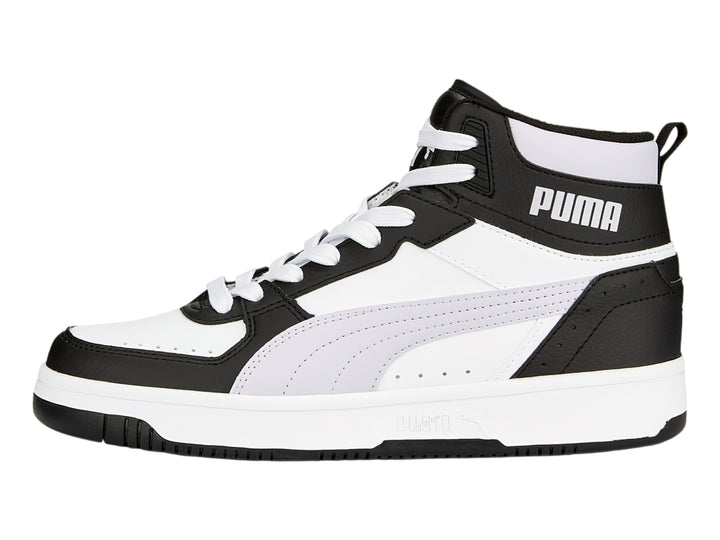 Tenis PUMA Rebound Joy de bota alta en colores blanco, negro y lavanda con suela blanca.