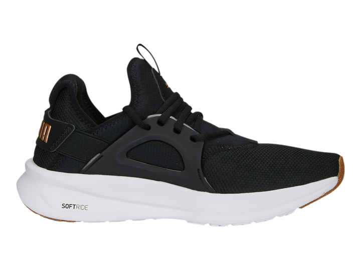 Tenis PUMA SOFTRIDE ENZO EVO color negro con suela blanca y detalles en dorado.