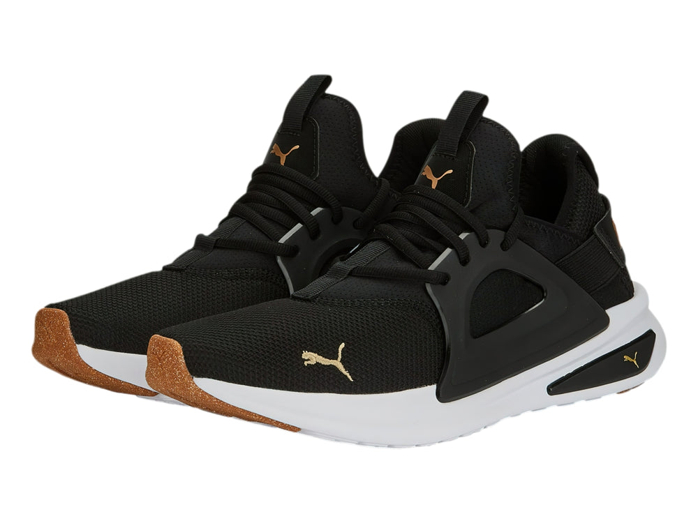 Tenis PUMA SOFTRIDE ENZO EVO color negro con suela blanca y detalles en dorado.