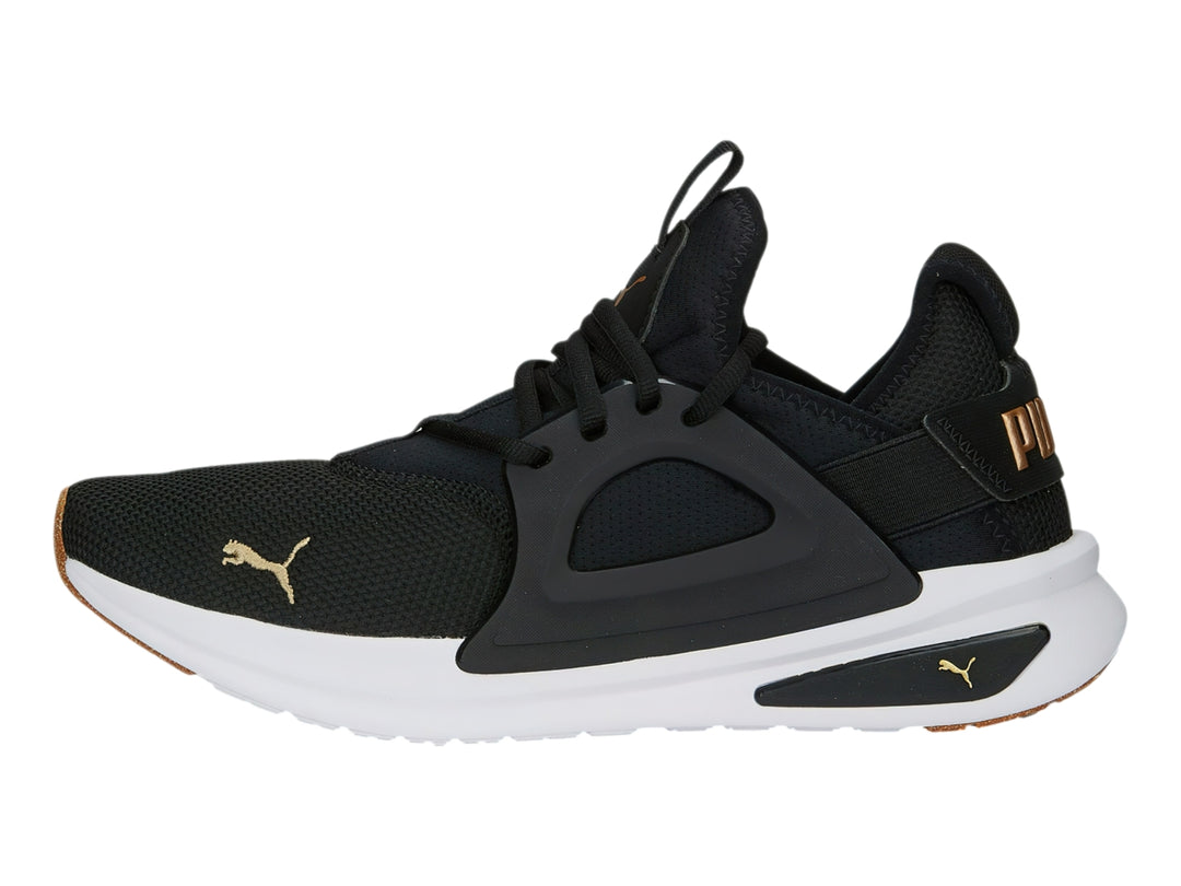 Tenis PUMA SOFTRIDE ENZO EVO color negro con suela blanca y detalles en dorado.