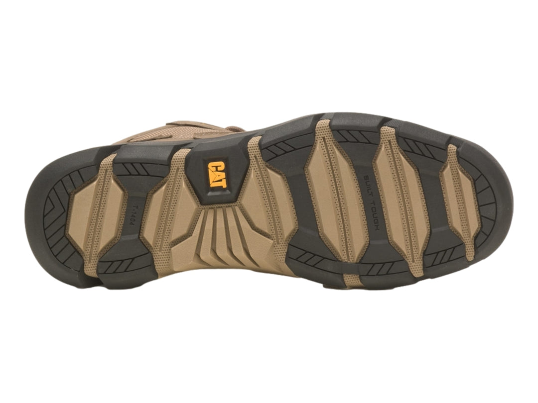 Botas Caterpillar color marrón con detalles en amarillo y suela negra, estilo deportivo de corte medio.