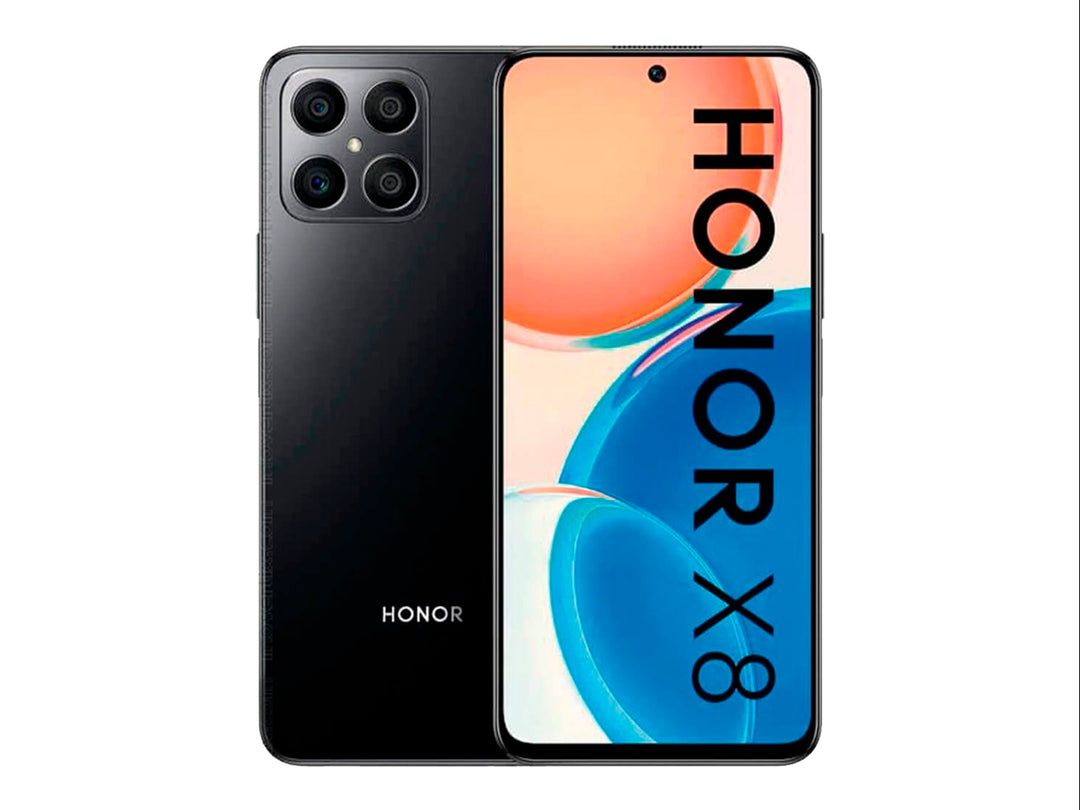 Smartphone HONOR X8 color negro con vista frontal de pantalla y vista trasera de cámaras.