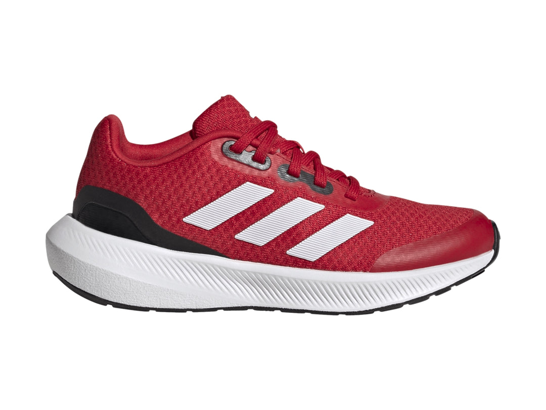 Tenis deportivos Adidas Runfalcon 3.0 color rojo con franjas blancas y suela blanca para niños.