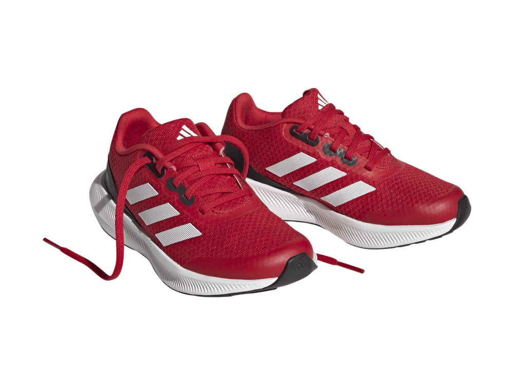 Tenis deportivos Adidas Runfalcon 3.0 color rojo con franjas blancas y suela blanca para niños.