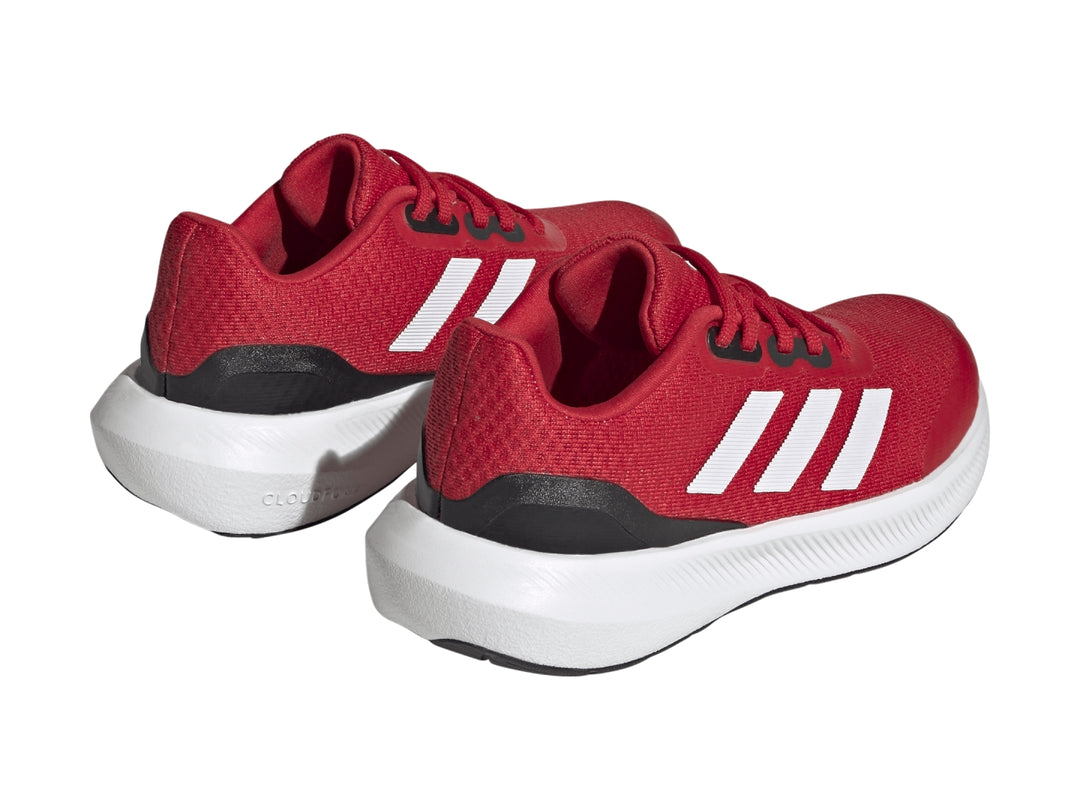 Tenis deportivos Adidas Runfalcon 3.0 color rojo con franjas blancas y suela blanca para niños.