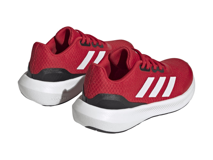Tenis deportivos Adidas Runfalcon 3.0 color rojo con franjas blancas y suela blanca para niños.