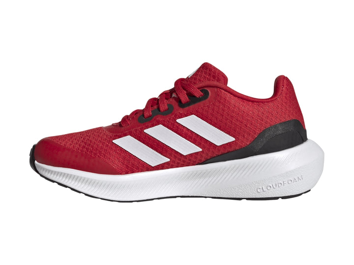 Tenis deportivos Adidas Runfalcon 3.0 color rojo con franjas blancas y suela blanca para niños.