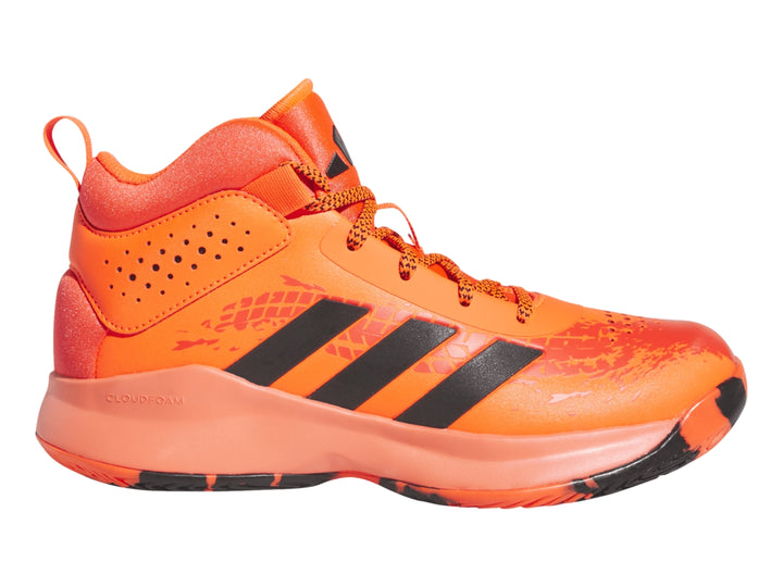 Tenis de baloncesto Adidas Cross Em Up 5 en color naranja solar con franjas negras laterales.