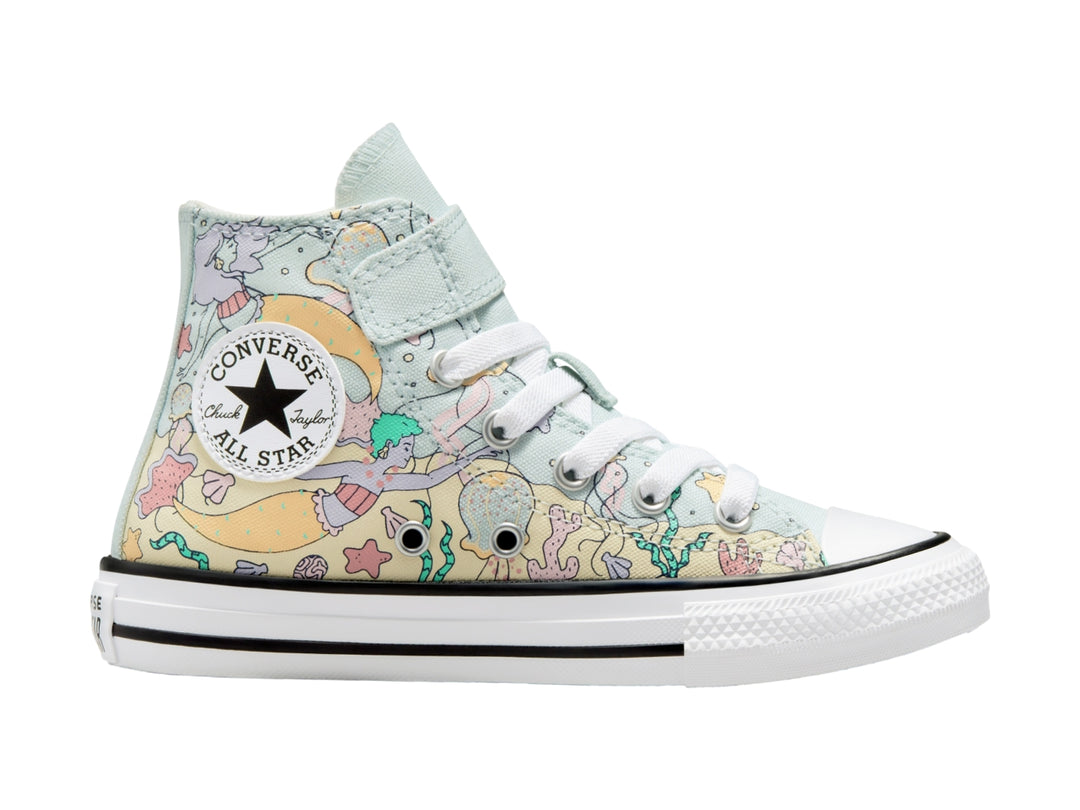 Tenis Converse Chuck Taylor All Star botín color aqua mist con estampado marino y cierre de velcro para Niño.