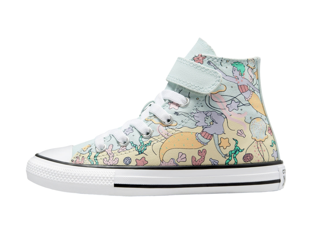Tenis Converse Chuck Taylor All Star botín color aqua mist con estampado marino y cierre de velcro para Niño.