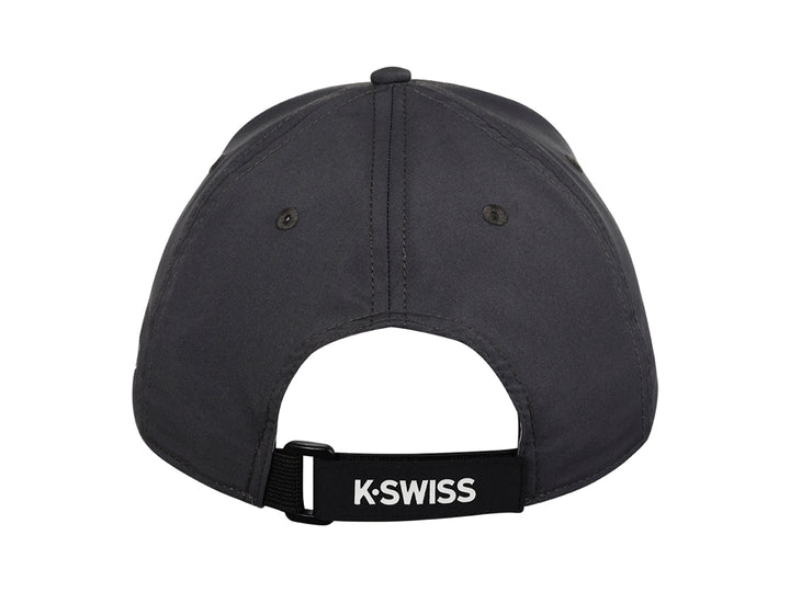 Gorra deportiva K-Swiss en color gris oscuro con logotipo frontal en relieve y visera curva.