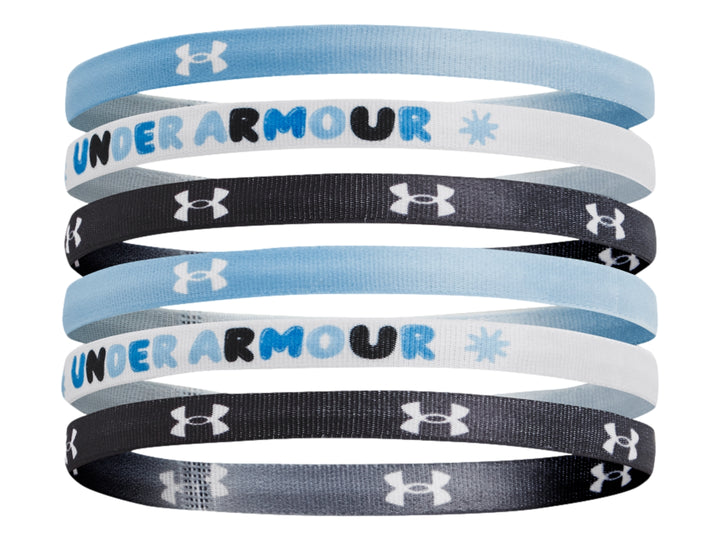 Set de 6 bandas deportivas Under Armour en colores azul, negro y blanco con logotipos y letras.