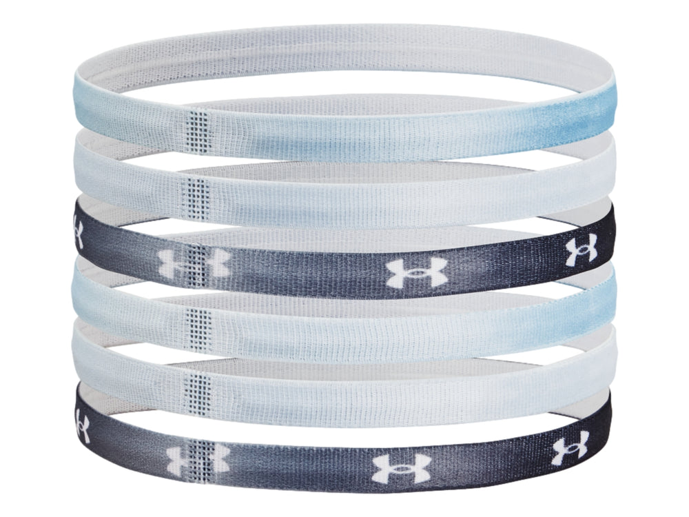 Set de 6 bandas deportivas Under Armour en colores azul, negro y blanco con logotipos y letras.