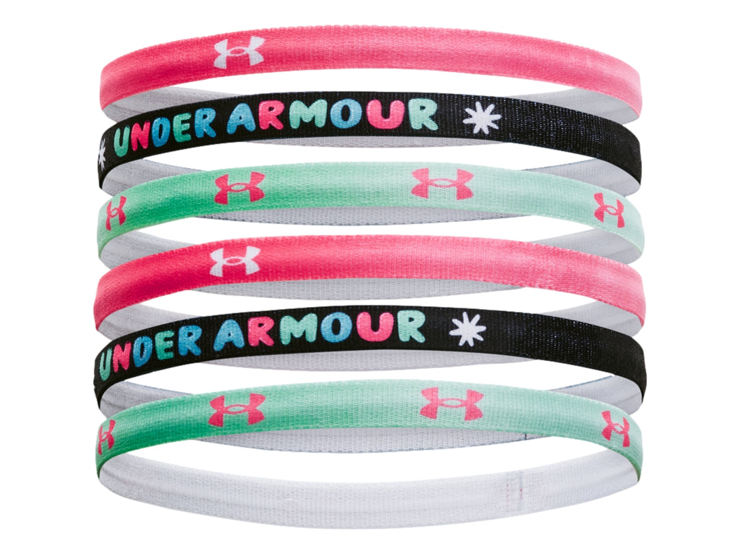 Set de 6 bandas elásticas para el cabello Under Armour en colores rosa, verde menta y negro con logotipos.