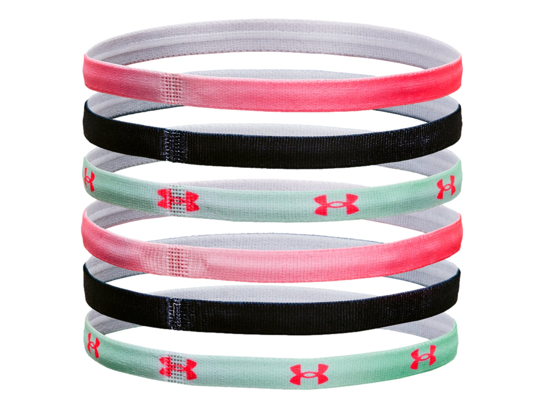 Set de 6 bandas elásticas para el cabello Under Armour en colores rosa, verde menta y negro con logotipos.