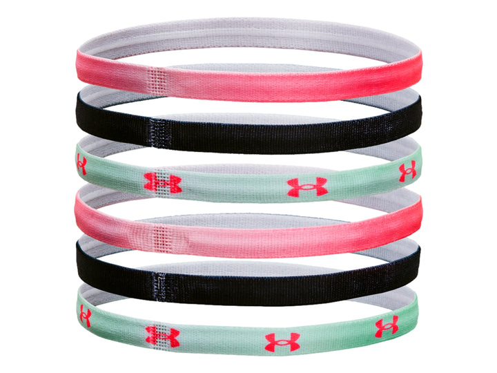 Set de 6 bandas elásticas para el cabello Under Armour en colores rosa, verde menta y negro con logotipos.