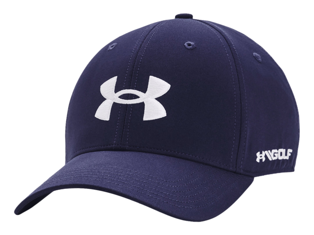 Gorra deportiva Under Armour en color azul marino con logotipo blanco frontal y texto lateral HGOLF.