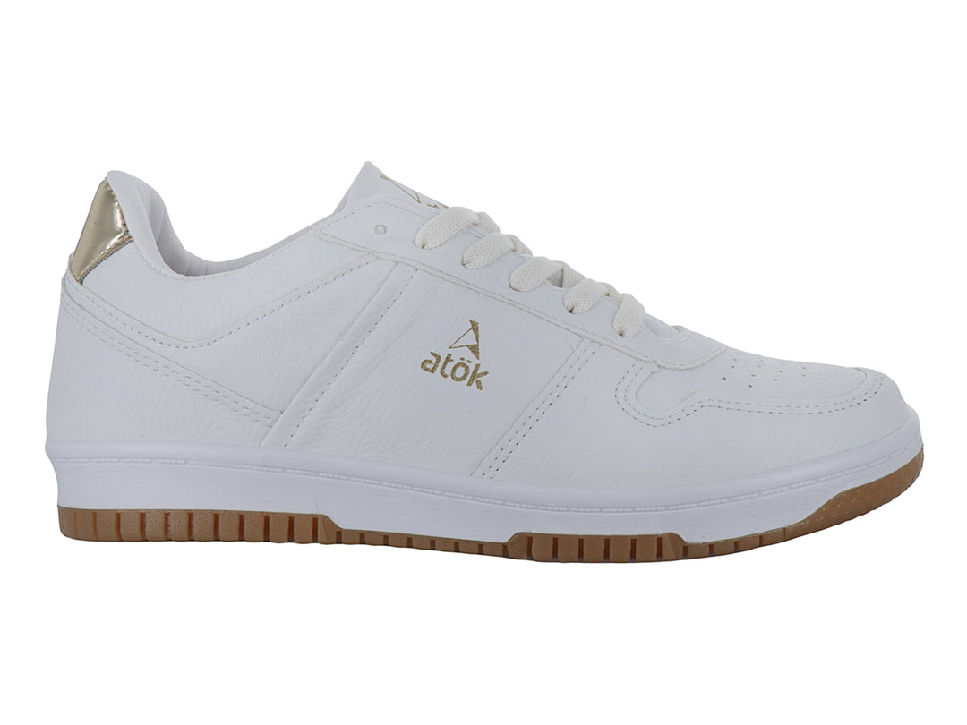 Tenis blancos para Mujer marca ATOK con suela color café y detalle dorado en el talón.