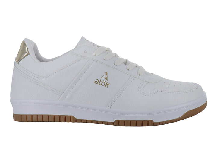 Tenis blancos para Mujer marca ATOK con suela color café y detalle dorado en el talón.