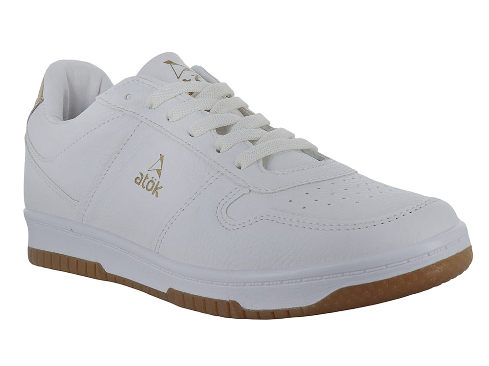 Tenis blancos para Mujer marca ATOK con suela color café y detalle dorado en el talón.