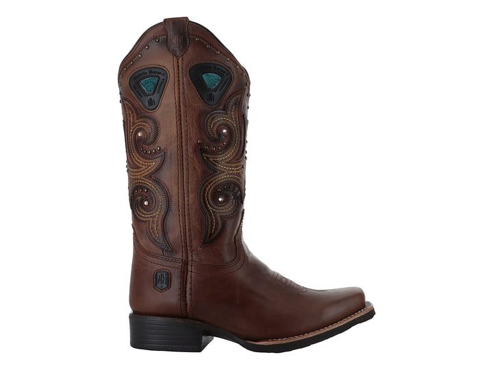 Bota vaquera para mujer de cuero color marrón con bordados decorativos y tacón cuadrado.