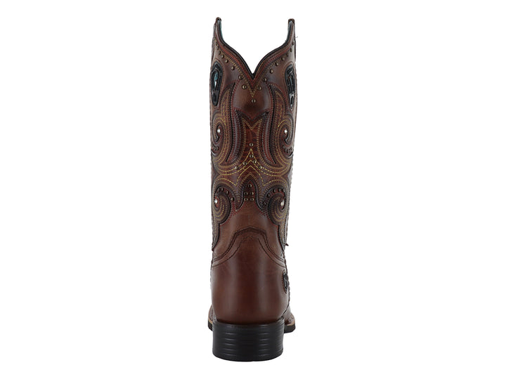 Bota vaquera para mujer de cuero color marrón con bordados decorativos y tacón cuadrado.