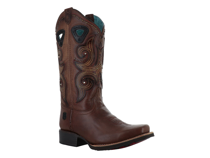 Bota vaquera para mujer de cuero color marrón con bordados decorativos y tacón cuadrado.