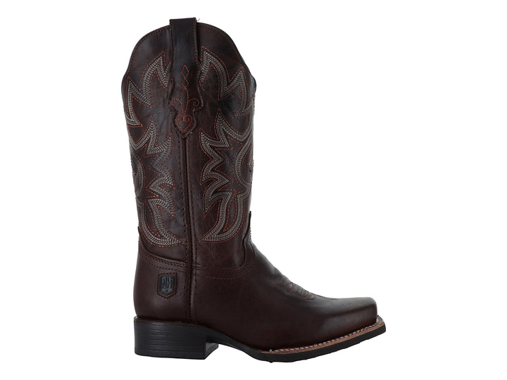 Bota vaquera de cuero color marrón con bordados decorativos en la caña.