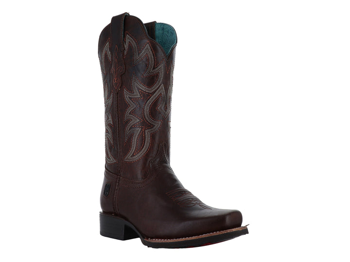 Bota vaquera de cuero color marrón con bordados decorativos en la caña.