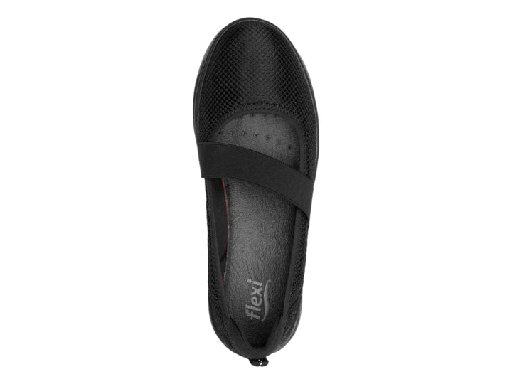 Zapato plano Flexi para mujer en color negro, confeccionado en textil de malla con banda transversal.