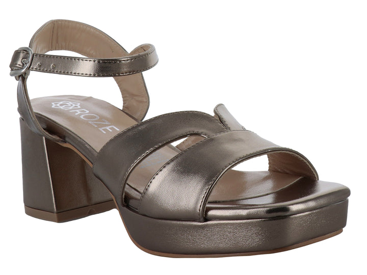 Sandalia ROZE color seda metálica con tacón cuadrado, plataforma y correa ajustable al tobillo para mujer.