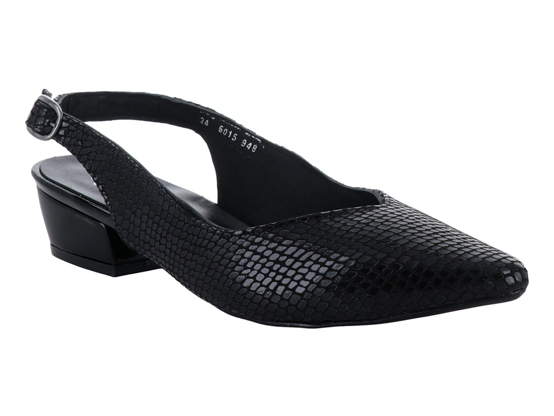Zapato negro para Mujer estilo slingback con punta fina, tacón cuadrado bajo y textura grabada.