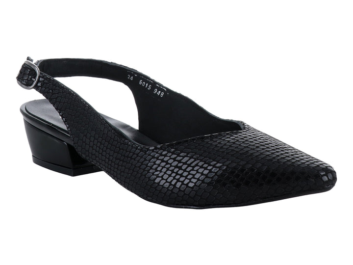 Zapato negro para Mujer estilo slingback con punta fina, tacón cuadrado bajo y textura grabada.