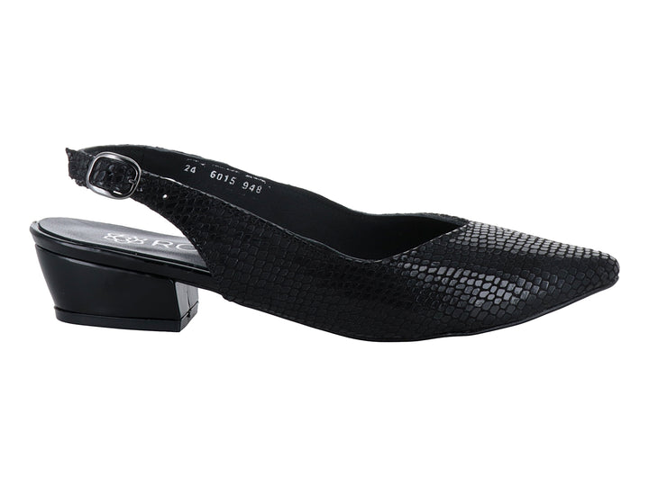 Zapato negro para Mujer estilo slingback con punta fina, tacón cuadrado bajo y textura grabada.