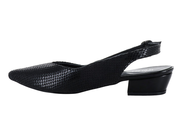 Zapato negro para Mujer estilo slingback con punta fina, tacón cuadrado bajo y textura grabada.