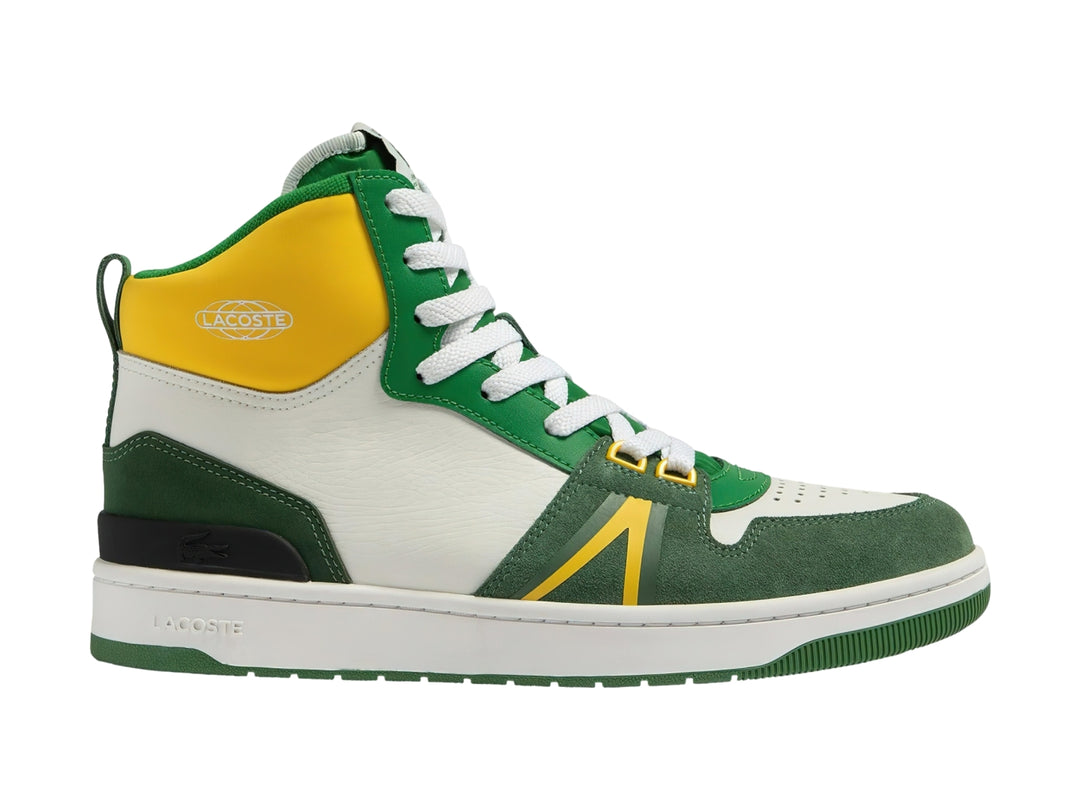 Tenis Lacoste L001 Mid de corte alto en colores blanco, verde y amarillo.