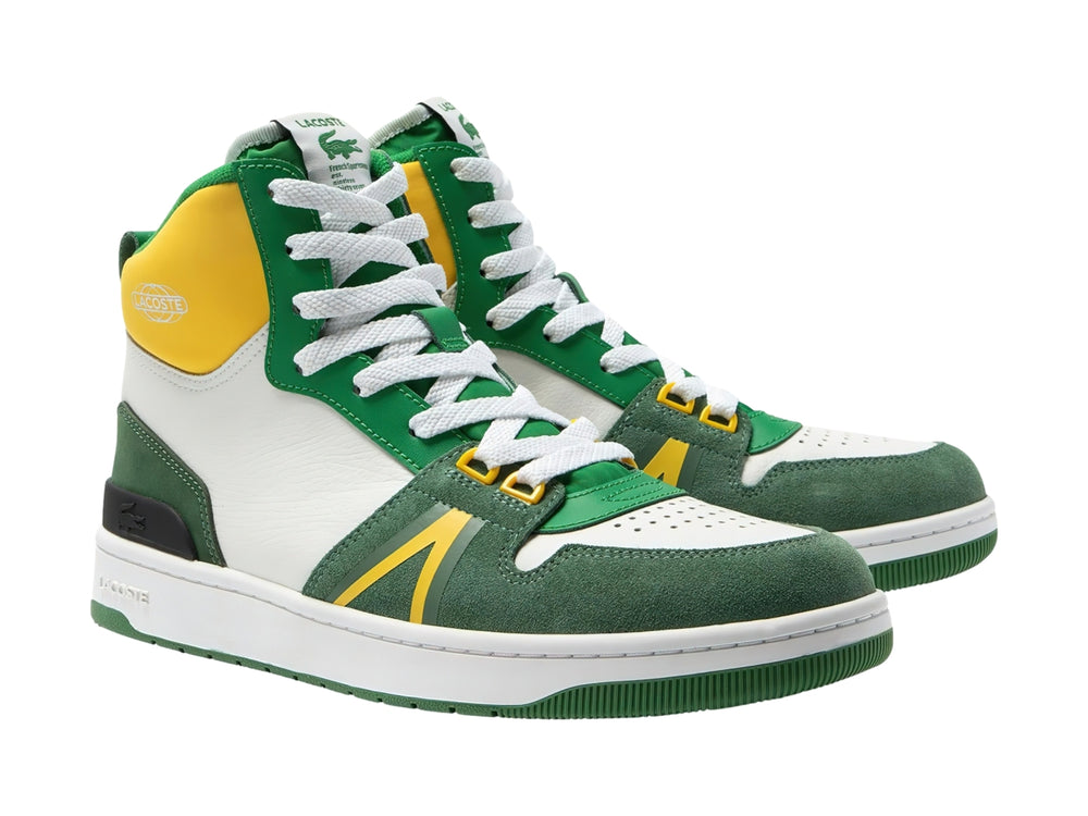 Tenis Lacoste L001 Mid de corte alto en colores blanco, verde y amarillo.