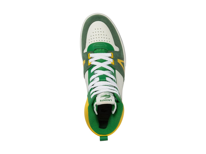 Tenis Lacoste L001 Mid de corte alto en colores blanco, verde y amarillo.