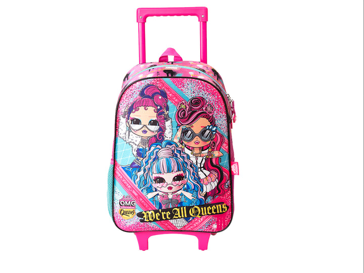 Mochila escolar rodante para niña en color rosa y multicolor con personajes de LOL Surprise OMG.