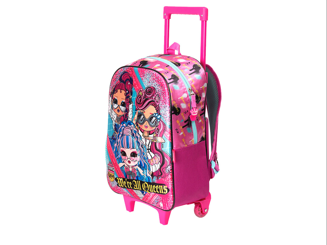 Mochila escolar rodante para niña en color rosa y multicolor con personajes de LOL Surprise OMG.