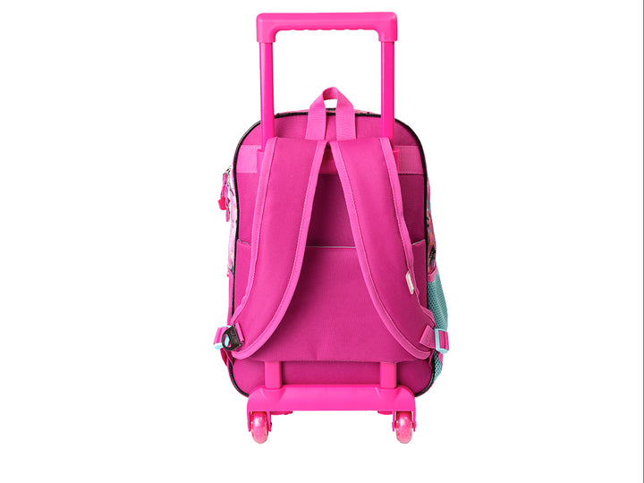 Mochila escolar rodante para niña en color rosa y multicolor con personajes de LOL Surprise OMG.