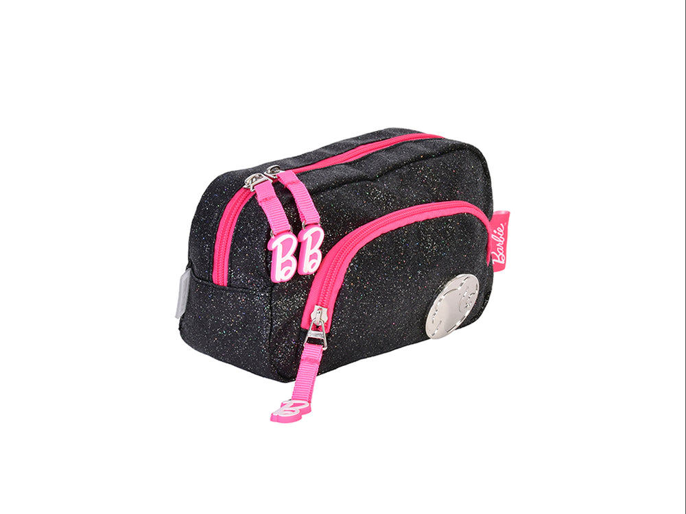 Lapicera negra con brillos y detalles en rosa de la marca Barbie.