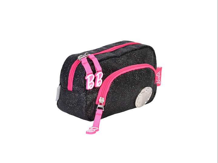 Lapicera negra con brillos y detalles en rosa de la marca Barbie.