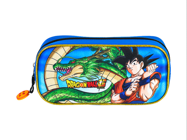 Lapicera multicolor de Dragon Ball Super con imágenes de Goku y el dragón Shenlong sobre fondo azul.